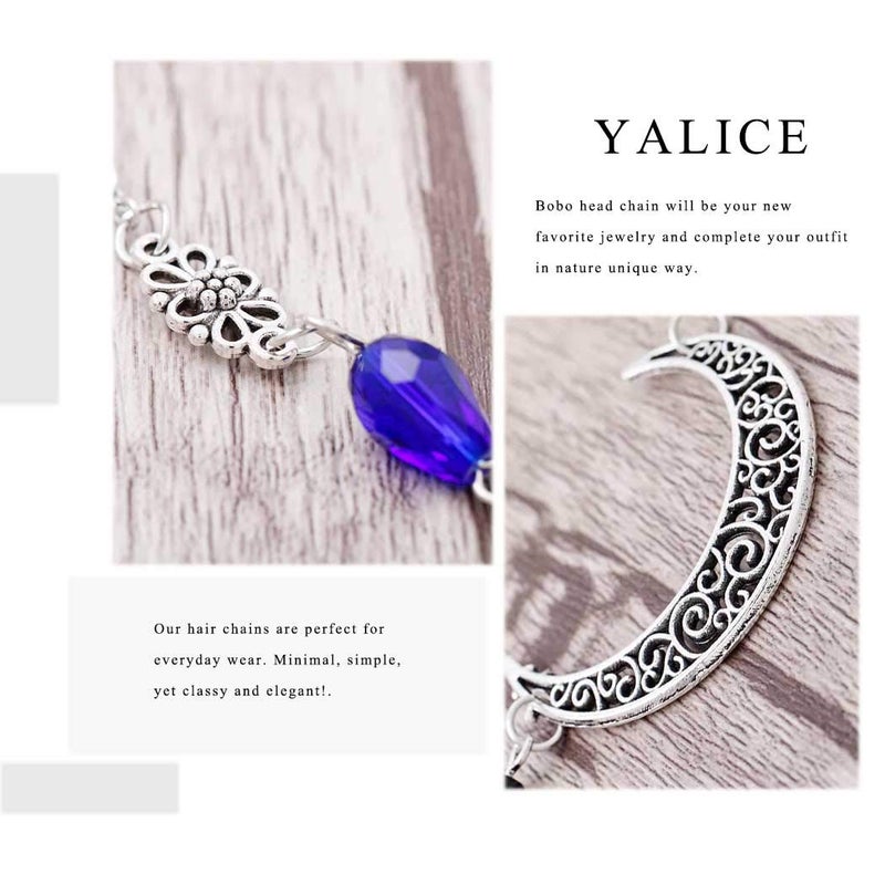 Yalice Boho Crescent Moon Head Chain Vintage Black Crystal Headband Chain Rhinestone Headpieces Witchy Forehead Chain for Women (Silver-Blue, One Size) - Image 4